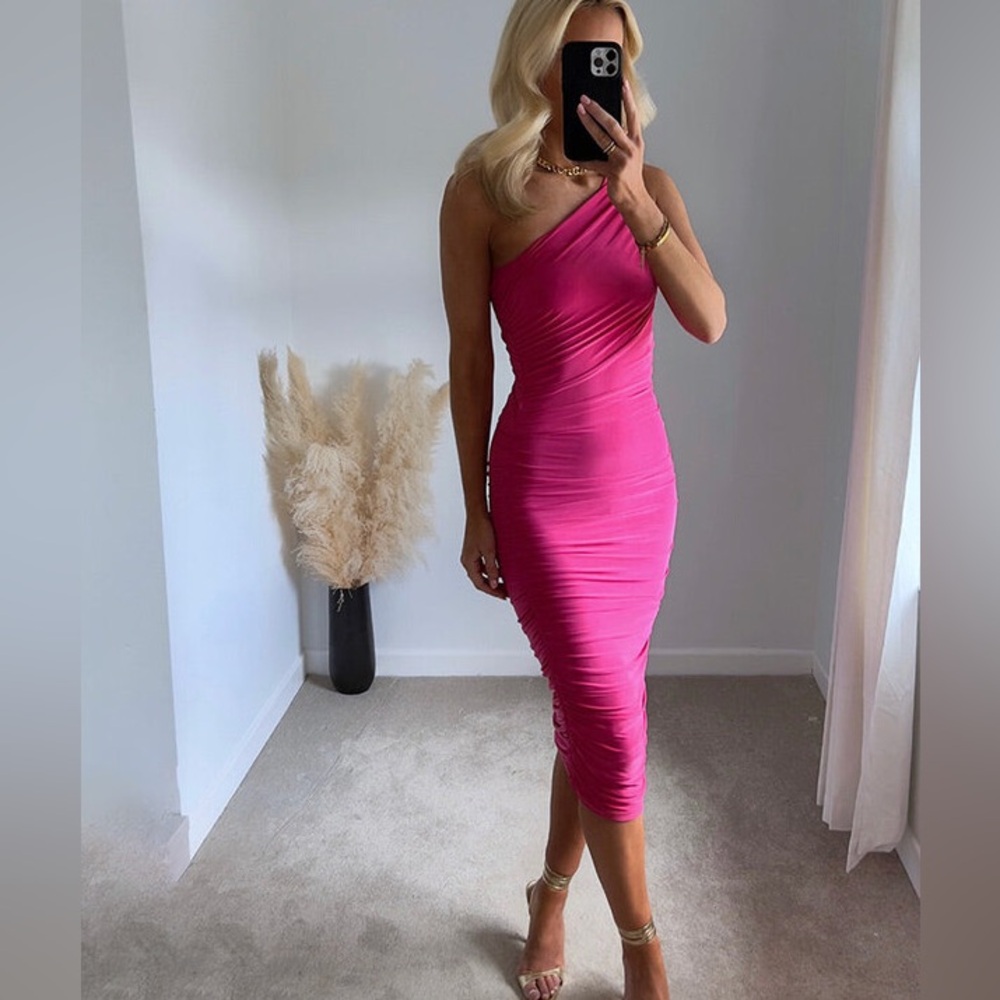Forever 21 Pink One Shoulder Ruched Midi Dress